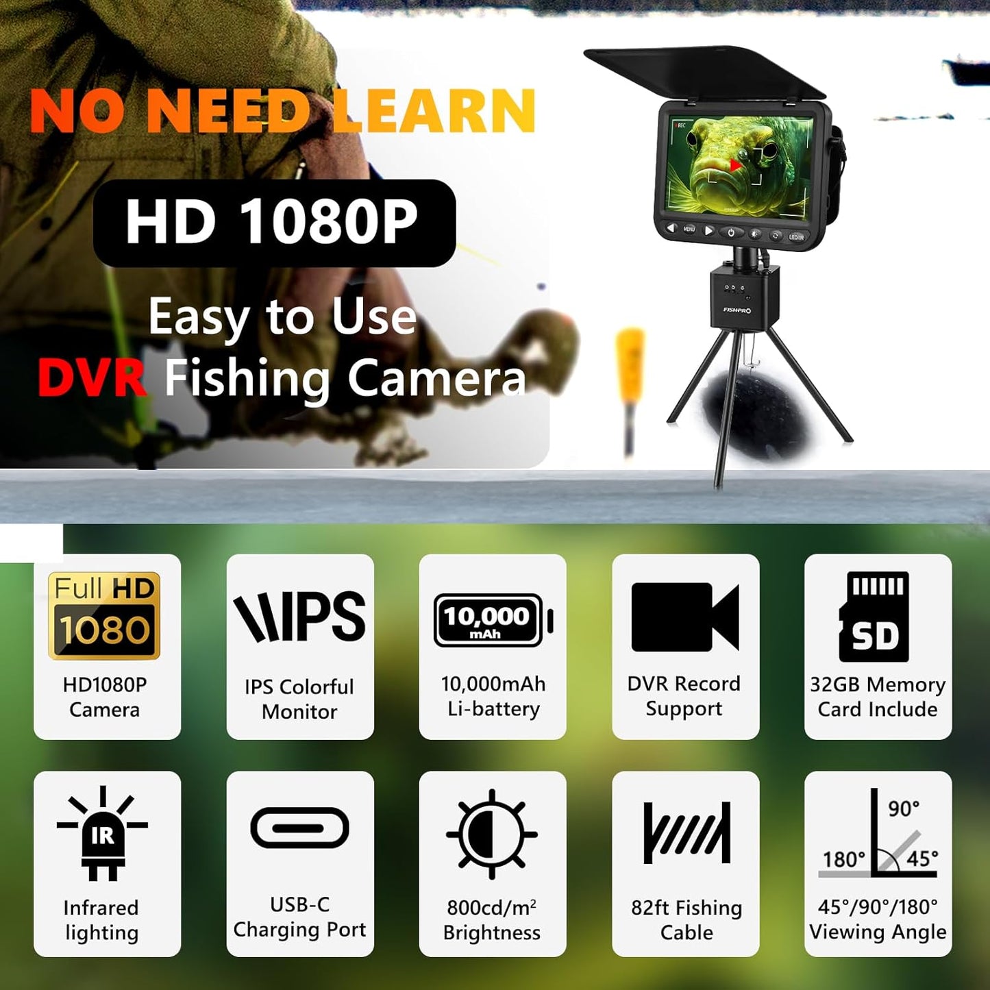 FishPRO DVR - 7'' HD 1080P Fishing Camera with 10,000 mAh Li-Battery