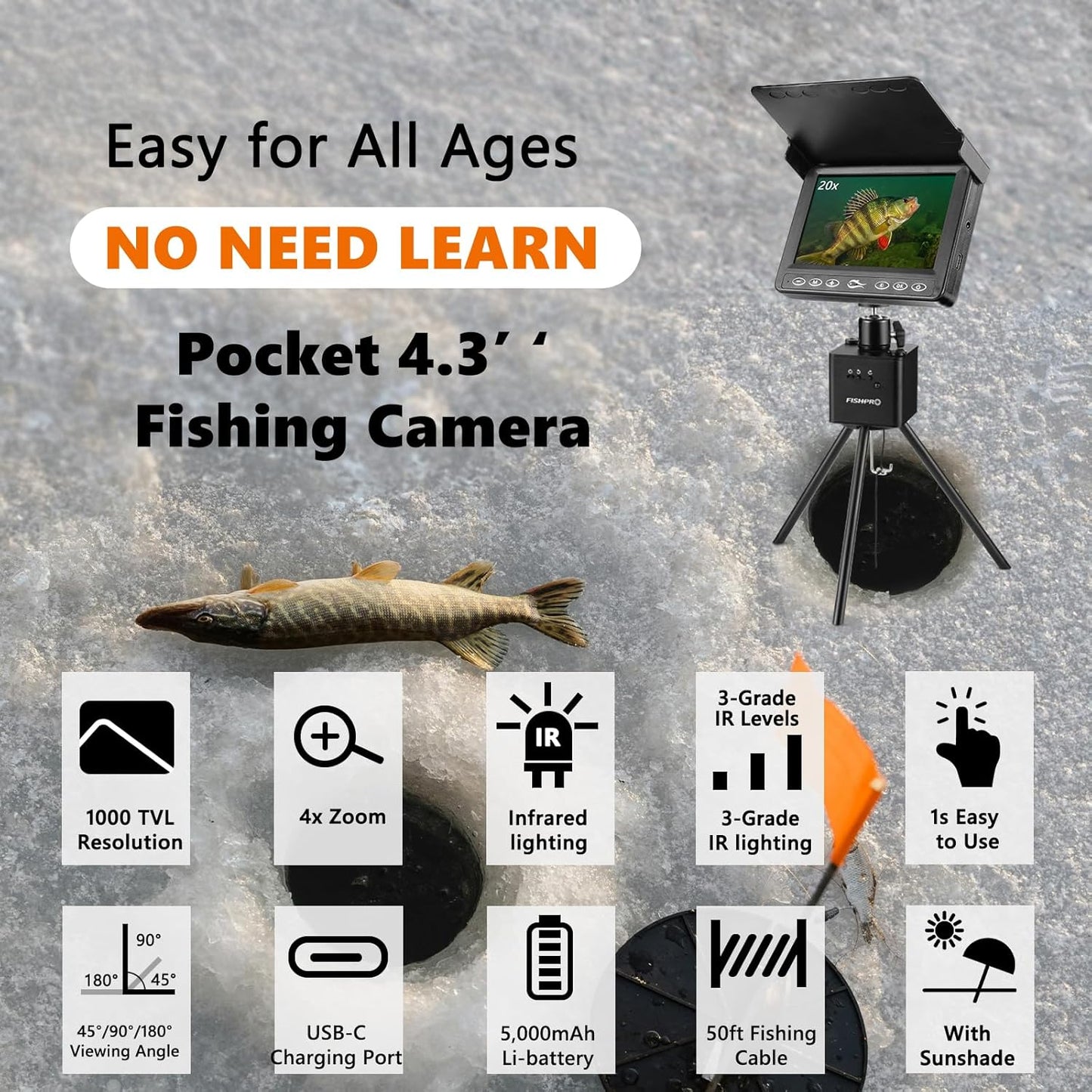 FishPRO Pocket Size 4.3'' Underwater Fishing Camera 1000TVL