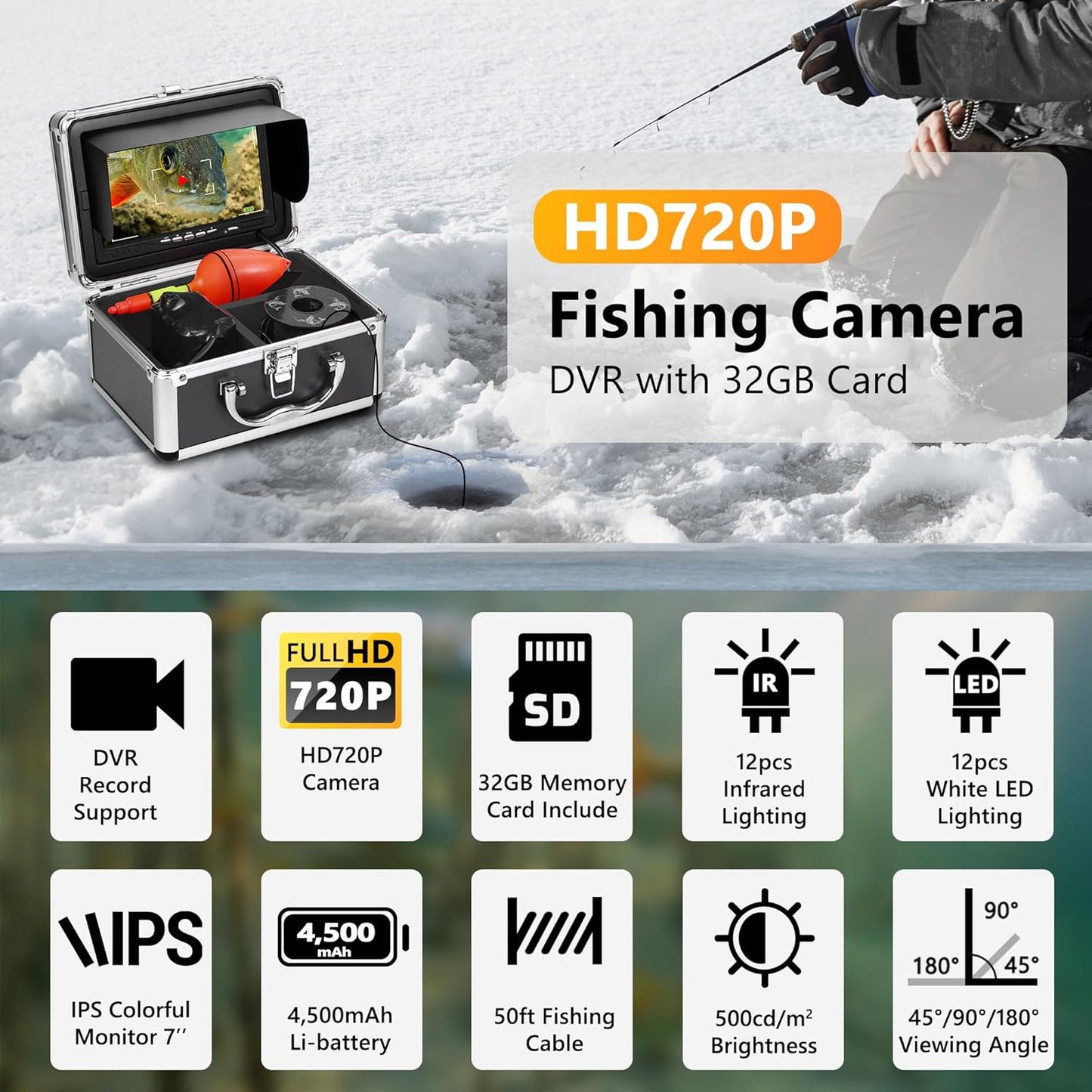 FishPRO DVR-7'' Ice Fishing Camera,w/12pcs IR +12pcs LED, 720P,4,500mAh Li-Battery